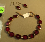 gold tone with red glass - toggle catch bracelet size 8 & matching shepherd hook earrings