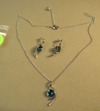 Rhodium coated post earrings & pendant - blue crystal - chain 16