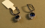 Sterling silver Rhodium coated snap bar earrings - deep blue crystals & c.z.