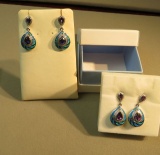 Sterling silver Rhodium coated post earrings lab opal, 1 amethyst, 1 lab tanzanite