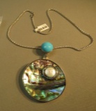 Sterling silver pendant round abalone with fresh water pearl round turquoise on foil with 18