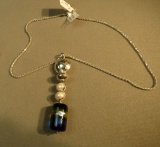 Dichroic glass with 2 fresh water pearls & 2 ss beads on 16