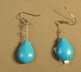 Sterling turquoise teardrop earrings on shepherd's hook