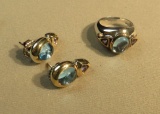 Sterling w/ 18k gold bezel ring (size 7) with cabachion blue quartz & 2 amethyst matching post earri