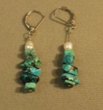 turquoise & fresh water pearl dangle leverback earrings