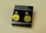 post earrings - gold medallion w/10 pt diamonds (estate jewelry)