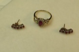 14K -yg-  post earrings & ring - size 8 7/8 - ruby surrounded by white stones & baguettes - 2 pc set