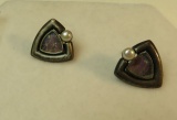 Sterling triangular post earrings w/pearl & Roman glass