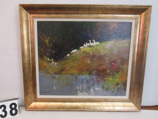 Framed Oil on Canvas  Ducks going for a swim  27 1/2" x 31 1/2"