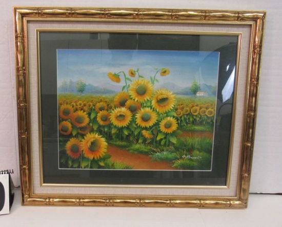 Framed Oil Under Glass  Sunflower Field I  20" x 24"