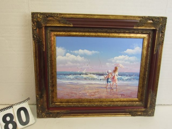 Framed Oil on Canvas  Kids on Beach  19" x 23"