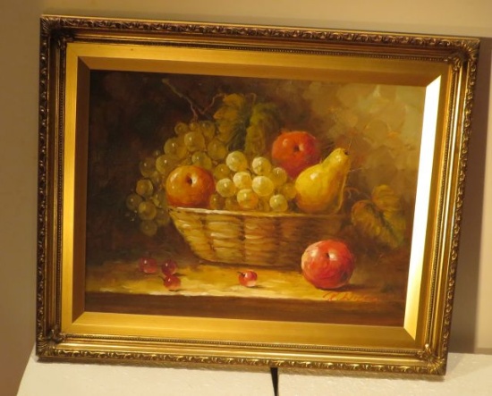 Framed Oil on Canvas  Fruit in Basket by R Wilcox  16" x 20"