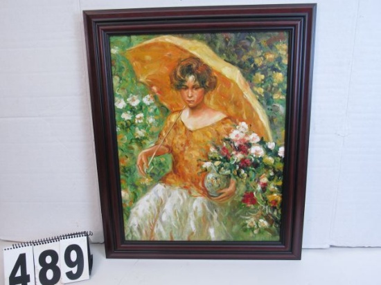 Framed Oil on Canvas  Lady with Parasol & Flowers  24" x 24"