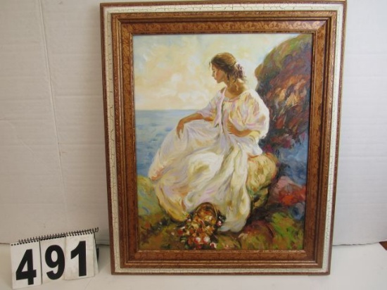 Framed Framed Oil on Canvas  Lady by the Sea  26 1/4" x 21 1/2"