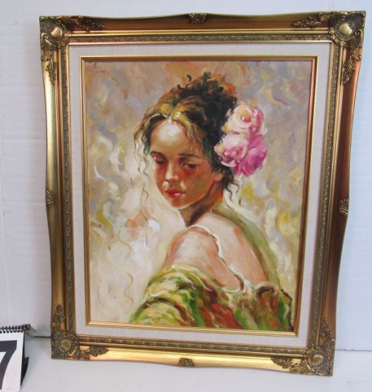 Framed Oil on Canvas  Girl with Flower in Hair  25" x 21 1/4"