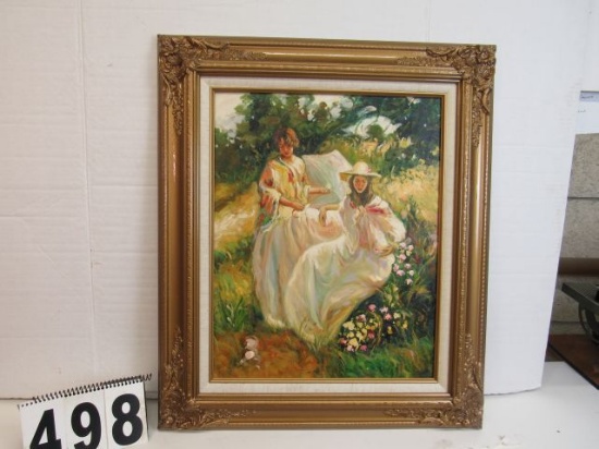 Framed Oil on Canvas  Ladies in the Garden  27 1/2" x 23 1/2"