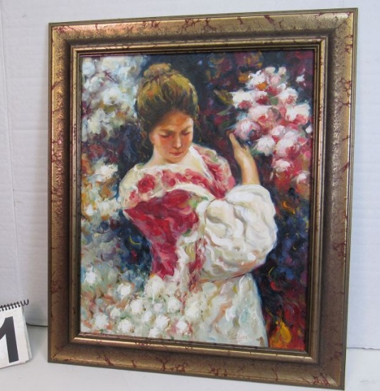 Framed Oil on Canvas  Girl & White Flowers  25" x 21"