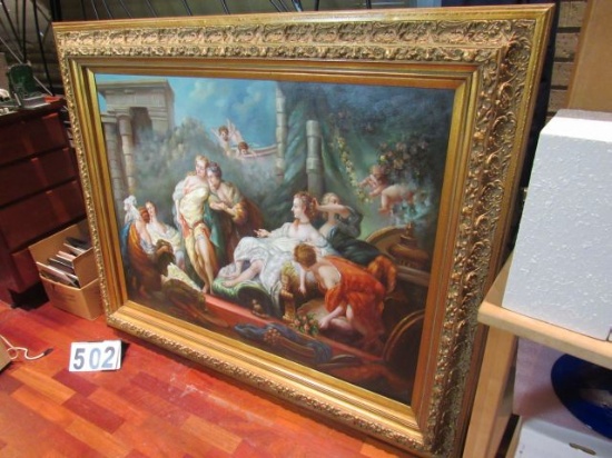 Framed Oil on Canvas  Courtyard with Girls  48 1/2" x 60 1/2"