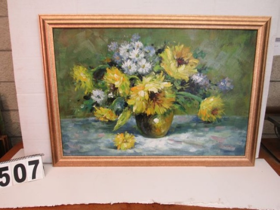 Framed Oil on Canvas  Yellow Flower Still Life  28 1/8" x 40"
