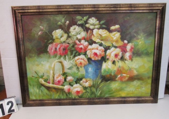 Framed Oil on Canvas  Flowers in Blue Pot  28 1/4" x 40 1/4"