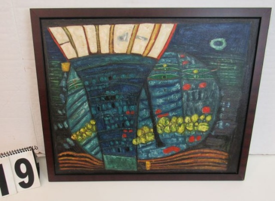 Framed Oil on Canvas  Abstract Tower & Orchard  17 1/2" x 21 1/2"