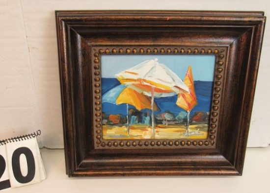 Framed Oil on Canvas  Umbrellas  14 1/2" x 16 1/2"