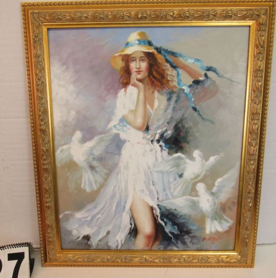 Framed Print on Canvas  Girl with Doves by D.2pple  29" x 25"