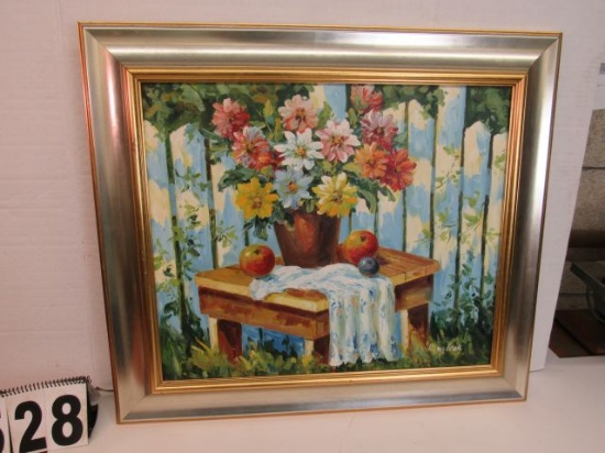 Framed Print on Canvas  Still Life Blue Fence by R Wilcox  26 1/2" x 30 1/2"
