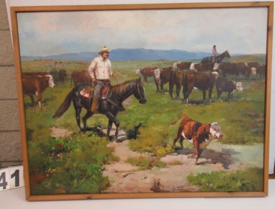 Framed Oil on Canvas  Cowboys & Cows  31 1/2" x 41 1/2"