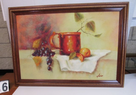 Framed Print on Canvas  Still Life Cup & Fruit by G Victor  29 1/2" x 41 1/2"