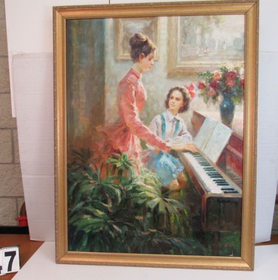 Framed Oil on Canvas  Lady Pianist Teaching by Denber  43" x 33"
