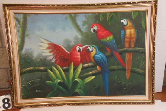 Framed Oil on Canvas  Macaws by B Steve  28 1/4" x 40 1/4"