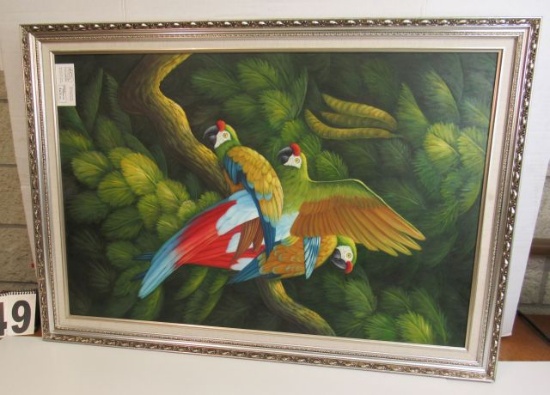 Framed Oil on Canvas  Three Macaws  40" x 28 1/2"