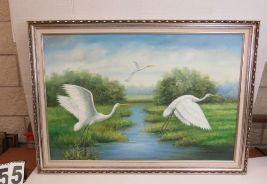 Framed Oil on Canvas  Birds Taking Off by M Chuput  28 1/2" x 40"