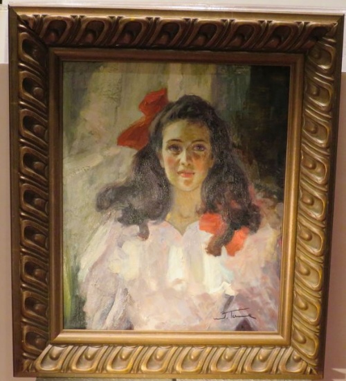 Framed Oil on Canvas  Dark Haired Girl with Red Bow  31" x 27"