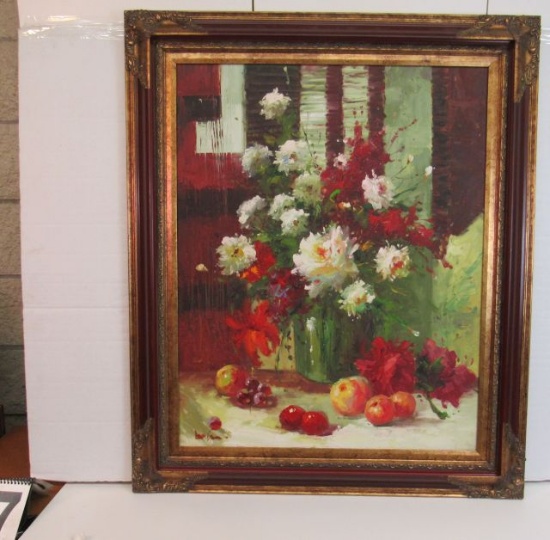 Framed Oil on Canvas  Flower Still Life with Fruit  37" x 31"