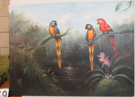 Oil on Canvas Gallery Wrapped  Three Birds Parrots  34" x 45 1/2"