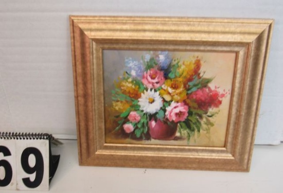 Framed Oil on Canvas  Flowers in Pink  12" x 14"