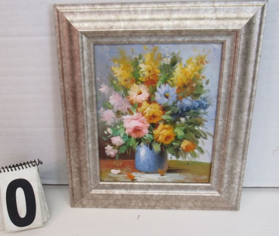Framed Oil on Canvas  Flowers in Blue  14" x 12"
