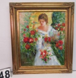 Framed Oil  Lady and Roses by G Pruie  31