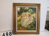Framed Oil on Canvas  Ladies in the Garden  27 1/2
