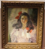 Framed Oil on Canvas  Dark Haired Girl with Red Bow  31