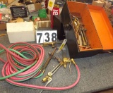 Box of mixed torches and cutting heads, acy/oxy hose, steel tool box