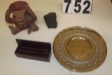 Wood pen and pencil set in wood box, piece of coal, silver serving dish, Mayan pottery