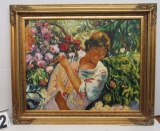 framed oil on canvas Lady in Flower Garden 31 x 37