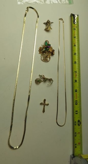 2 gold tone necklaces, cross pendant, 3 brooches