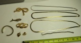 3 flat chain necklaces, 2 pins, 3 brooches, wrist chain, brass cuff bracelet