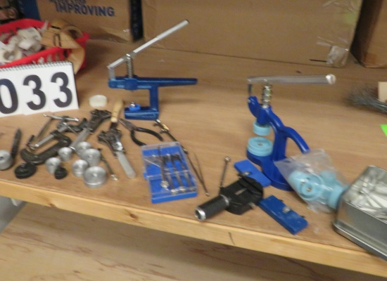 Box of mixed stickers and hardware, watch tools