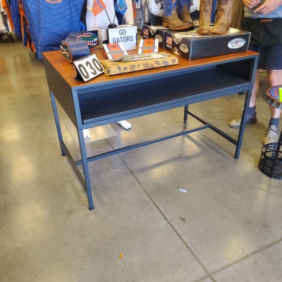 steel frame wood topped display table 50" wide x 30" deep x 33" high <br>merchandise not included