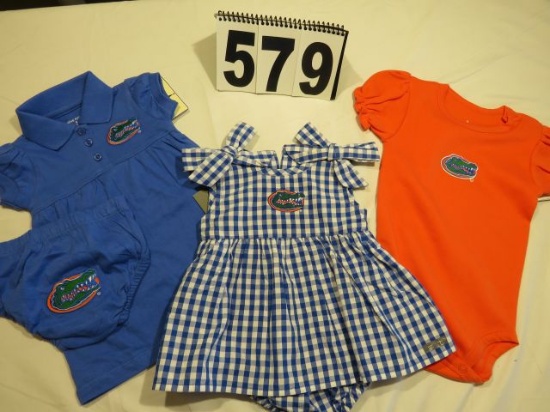 Florida Gator infant girls outfits. Royal collar dress with with bloomers, Gingham dress, and Orange